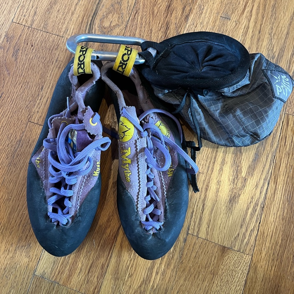 La Sportiva Mythos climbing shoes and prana chalk bag